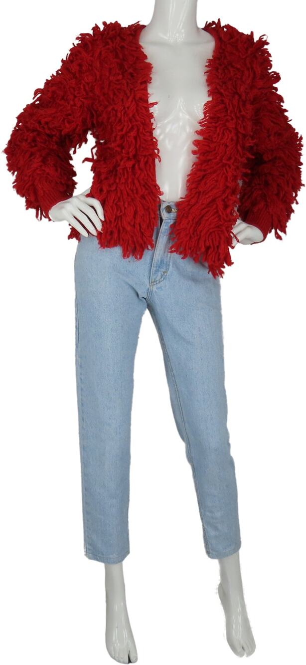 Los Angeles Atelier Red Fringed Shag Shaggy Mop Cardigan Sweater Jacket